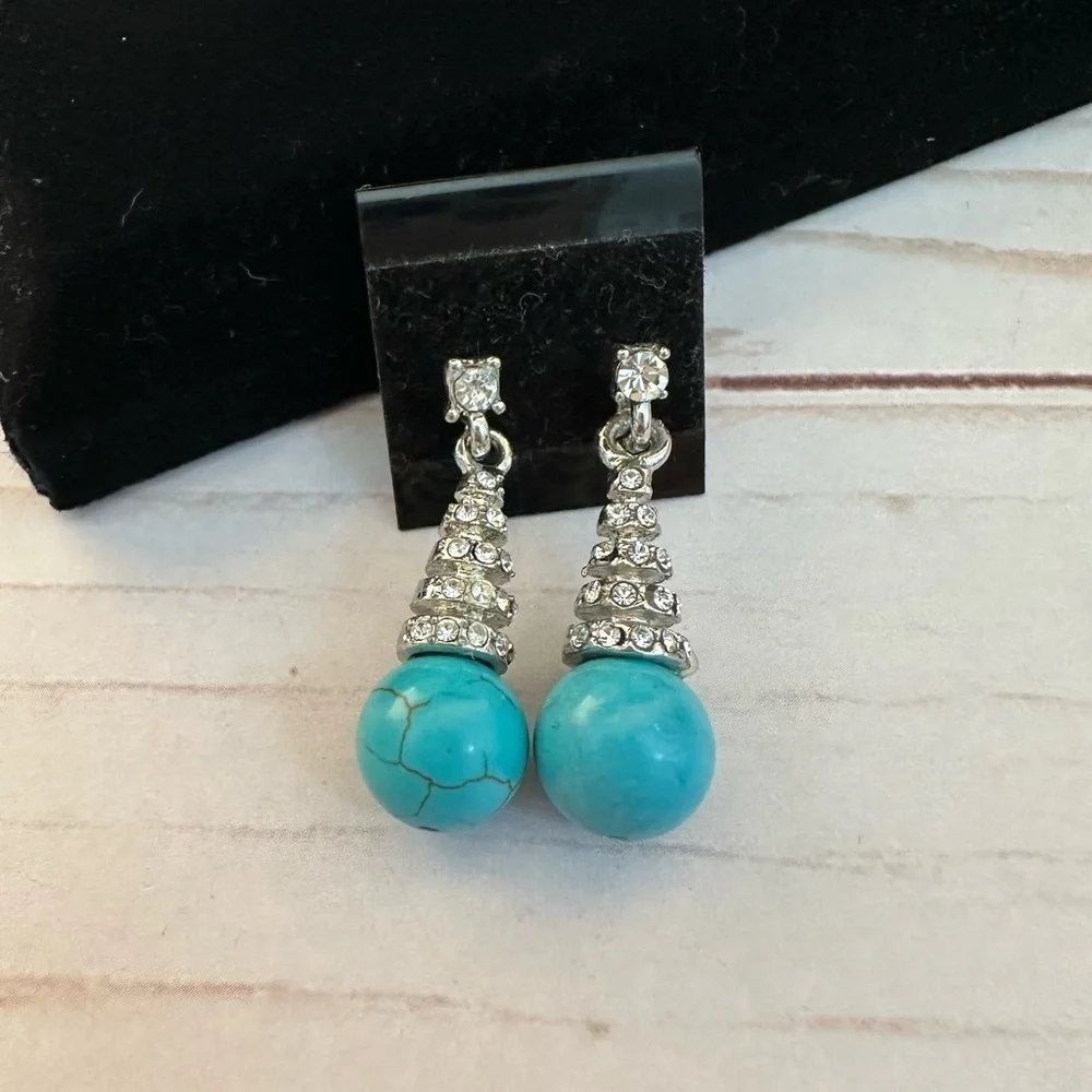 Faux Turquoise With Clear Stones Silver Dangling Pierced Casual Earrings
